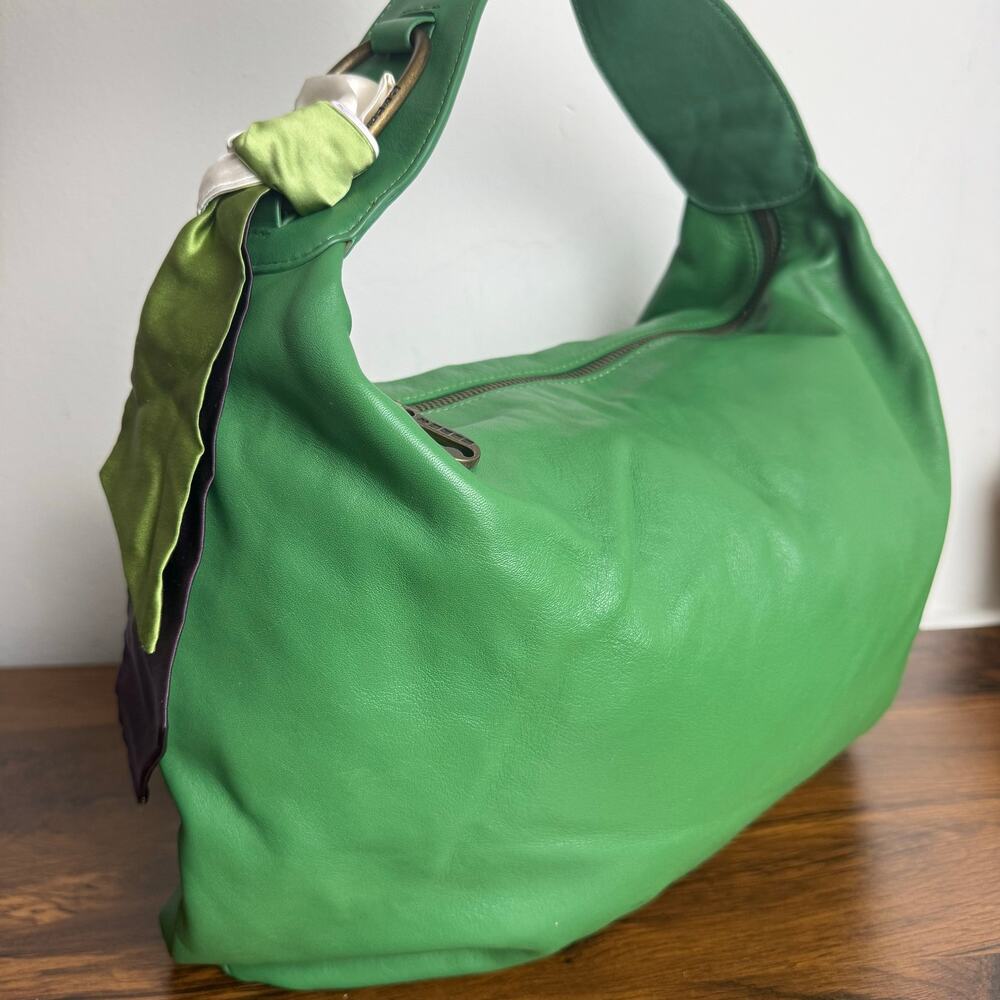 Vintage Juicy Couture Green Leather Hobo Bag Love P&G Scarf Handle Y2K
